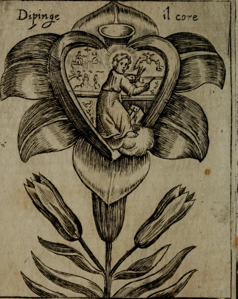 An illustration from Fortezza reale del cuore humano : battuta soauemente, saettata amorosamente, superata gloriosamente, e posseduta & ornata gratiosamente dall' amoroso Giesù : disegnata in figure con alcune brieui ma affettuose meditationi et altri tanti soliloquij, 1628, leaf 63