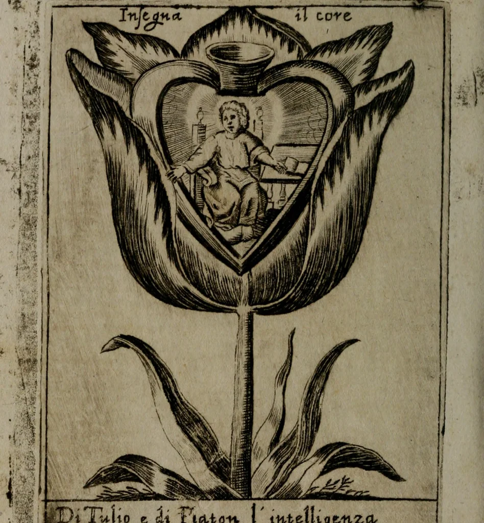 An illustration from Fortezza reale del cuore humano : battuta soauemente, saettata amorosamente, superata gloriosamente, e posseduta & ornata gratiosamente dall' amoroso Giesù : disegnata in figure con alcune brieui ma affettuose meditationi et altri tanti soliloquij, 1628, leaf 71