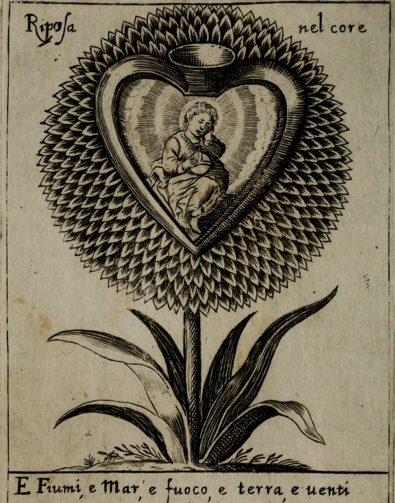 An illustration from Fortezza reale del cuore humano : battuta soauemente, saettata amorosamente, superata gloriosamente, e posseduta & ornata gratiosamente dall' amoroso Giesù : disegnata in figure con alcune brieui ma affettuose meditationi et altri tanti soliloquij, 1628, leaf 79