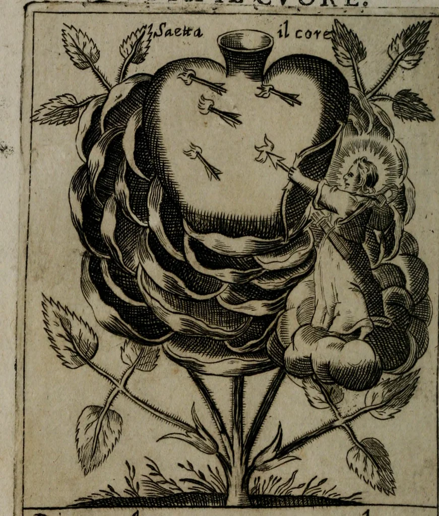 An illustration from Fortezza reale del cuore humano : battuta soauemente, saettata amorosamente, superata gloriosamente, e posseduta & ornata gratiosamente dall' amoroso Giesù : disegnata in figure con alcune brieui ma affettuose meditationi et altri tanti soliloquij, 1628, leaf 87