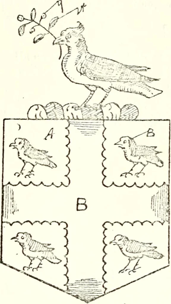 An illustration from The four visitations of Berkshire made and taken by Thomas Benolte, Clarnceuc, anno 1532; by William Harvey, Clarnceux, anno 1566; by Henry Chiting, Chester herald, and John Philipott, Rouge dragon, for William Camden, Clarenceux, anno 1623; and by Elias Ashmole, Windsor herald, for Sir Edward Bysshe, Clarenceux, anno 1665-66, 1907, leaf 127