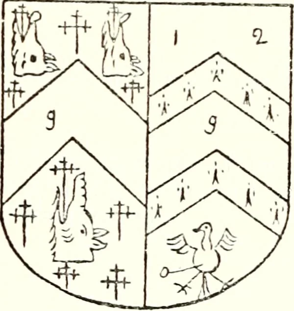 An illustration from The four visitations of Berkshire made and taken by Thomas Benolte, Clarnceuc, anno 1532; by William Harvey, Clarnceux, anno 1566; by Henry Chiting, Chester herald, and John Philipott, Rouge dragon, for William Camden, Clarenceux, anno 1623; and by Elias Ashmole, Windsor herald, for Sir Edward Bysshe, Clarenceux, anno 1665-66, 1907, leaf 129