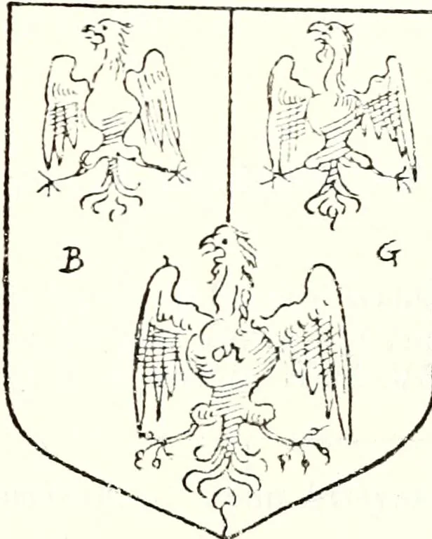 An illustration from The four visitations of Berkshire made and taken by Thomas Benolte, Clarnceuc, anno 1532; by William Harvey, Clarnceux, anno 1566; by Henry Chiting, Chester herald, and John Philipott, Rouge dragon, for William Camden, Clarenceux, anno 1623; and by Elias Ashmole, Windsor herald, for Sir Edward Bysshe, Clarenceux, anno 1665-66, 1907, leaf 139