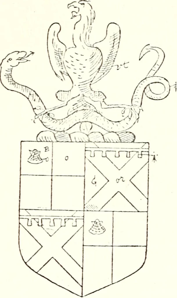 An illustration from The four visitations of Berkshire made and taken by Thomas Benolte, Clarnceuc, anno 1532; by William Harvey, Clarnceux, anno 1566; by Henry Chiting, Chester herald, and John Philipott, Rouge dragon, for William Camden, Clarenceux, anno 1623; and by Elias Ashmole, Windsor herald, for Sir Edward Bysshe, Clarenceux, anno 1665-66, 1907, leaf 147