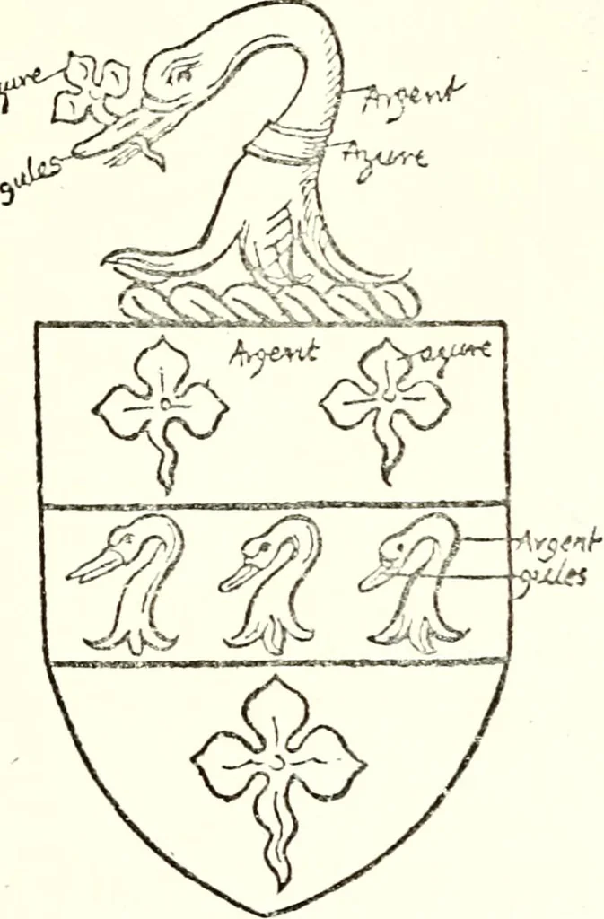An illustration from The four visitations of Berkshire made and taken by Thomas Benolte, Clarnceuc, anno 1532; by William Harvey, Clarnceux, anno 1566; by Henry Chiting, Chester herald, and John Philipott, Rouge dragon, for William Camden, Clarenceux, anno 1623; and by Elias Ashmole, Windsor herald, for Sir Edward Bysshe, Clarenceux, anno 1665-66, 1907, leaf 153