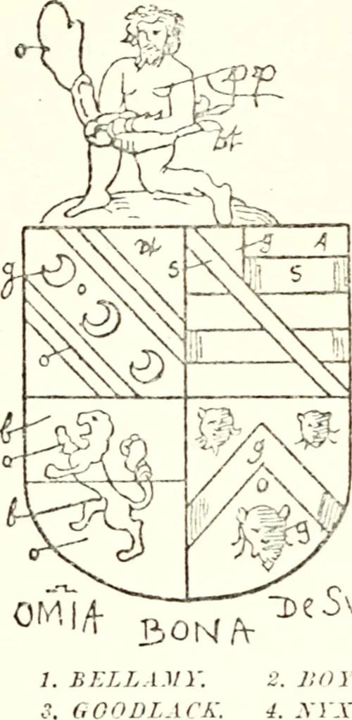 An illustration from The four visitations of Berkshire made and taken by Thomas Benolte, Clarnceuc, anno 1532; by William Harvey, Clarnceux, anno 1566; by Henry Chiting, Chester herald, and John Philipott, Rouge dragon, for William Camden, Clarenceux, anno 1623; and by Elias Ashmole, Windsor herald, for Sir Edward Bysshe, Clarenceux, anno 1665-66, 1907, leaf 167