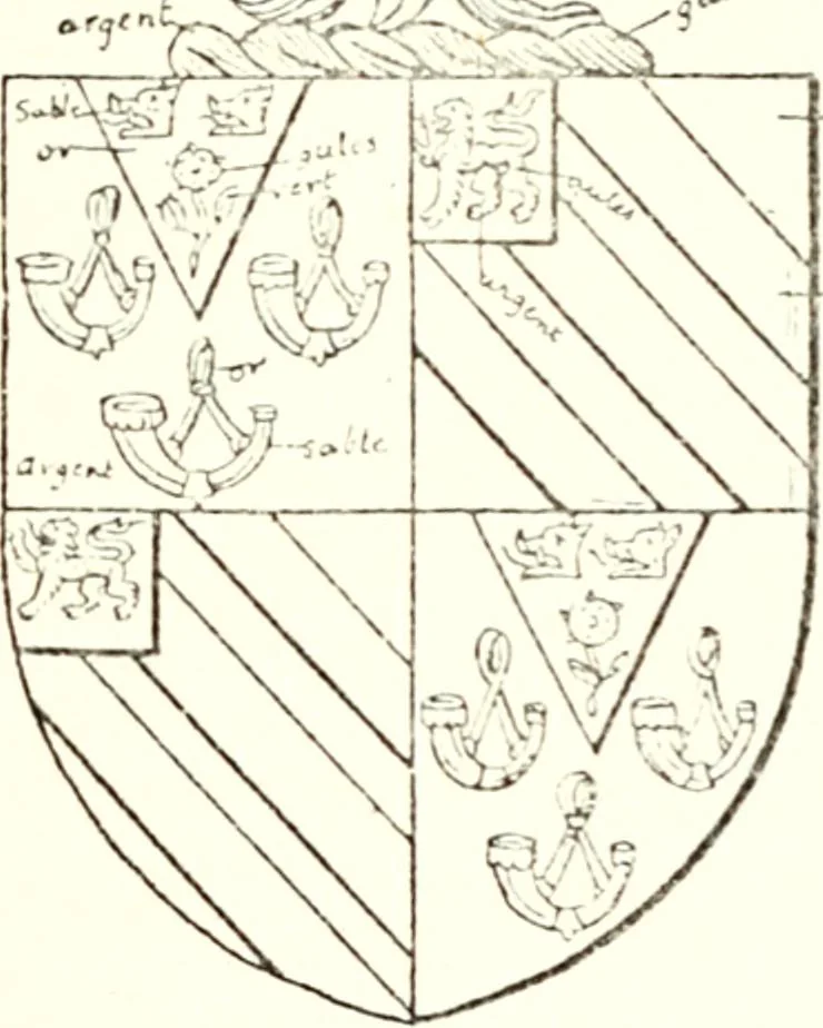 An illustration from The four visitations of Berkshire made and taken by Thomas Benolte, Clarnceuc, anno 1532; by William Harvey, Clarnceux, anno 1566; by Henry Chiting, Chester herald, and John Philipott, Rouge dragon, for William Camden, Clarenceux, anno 1623; and by Elias Ashmole, Windsor herald, for Sir Edward Bysshe, Clarenceux, anno 1665-66, 1907, leaf 169