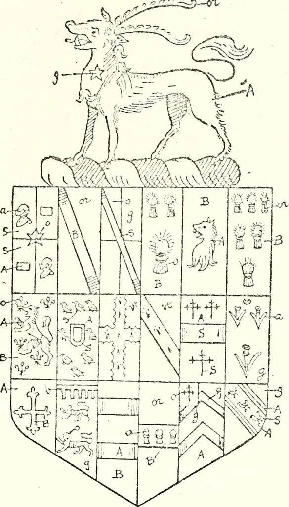 An illustration from The four visitations of Berkshire made and taken by Thomas Benolte, Clarnceuc, anno 1532; by William Harvey, Clarnceux, anno 1566; by Henry Chiting, Chester herald, and John Philipott, Rouge dragon, for William Camden, Clarenceux, anno 1623; and by Elias Ashmole, Windsor herald, for Sir Edward Bysshe, Clarenceux, anno 1665-66, 1907, leaf 183