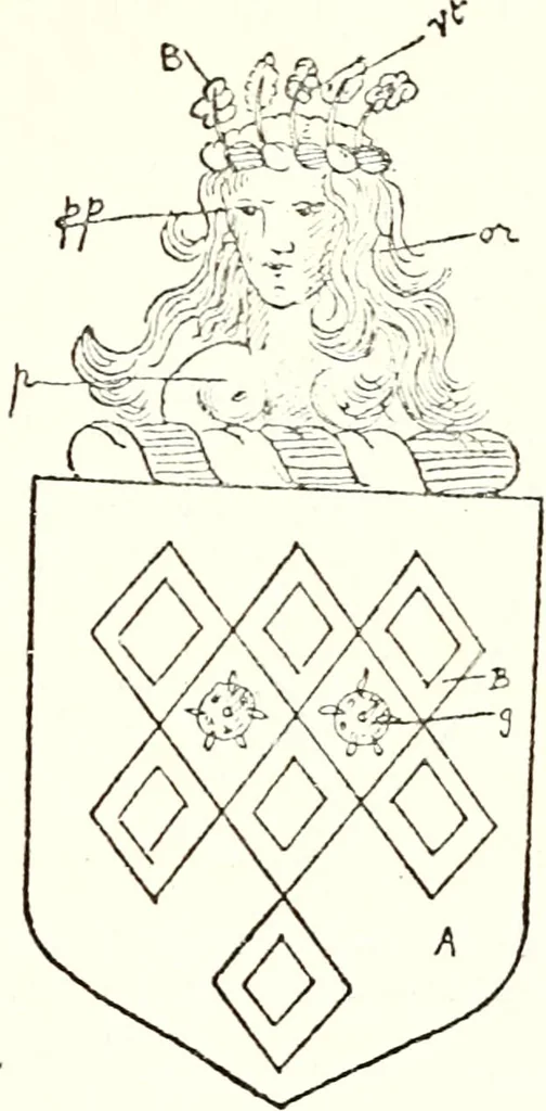 An illustration from The four visitations of Berkshire made and taken by Thomas Benolte, Clarnceuc, anno 1532; by William Harvey, Clarnceux, anno 1566; by Henry Chiting, Chester herald, and John Philipott, Rouge dragon, for William Camden, Clarenceux, anno 1623; and by Elias Ashmole, Windsor herald, for Sir Edward Bysshe, Clarenceux, anno 1665-66, 1907, leaf 195