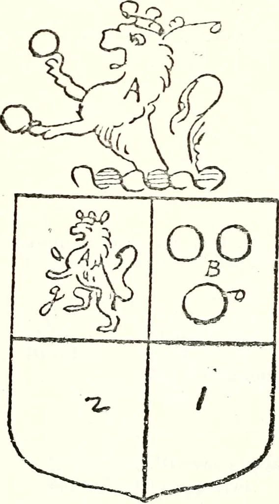 An illustration from The four visitations of Berkshire made and taken by Thomas Benolte, Clarnceuc, anno 1532; by William Harvey, Clarnceux, anno 1566; by Henry Chiting, Chester herald, and John Philipott, Rouge dragon, for William Camden, Clarenceux, anno 1623; and by Elias Ashmole, Windsor herald, for Sir Edward Bysshe, Clarenceux, anno 1665-66, 1907, leaf 199