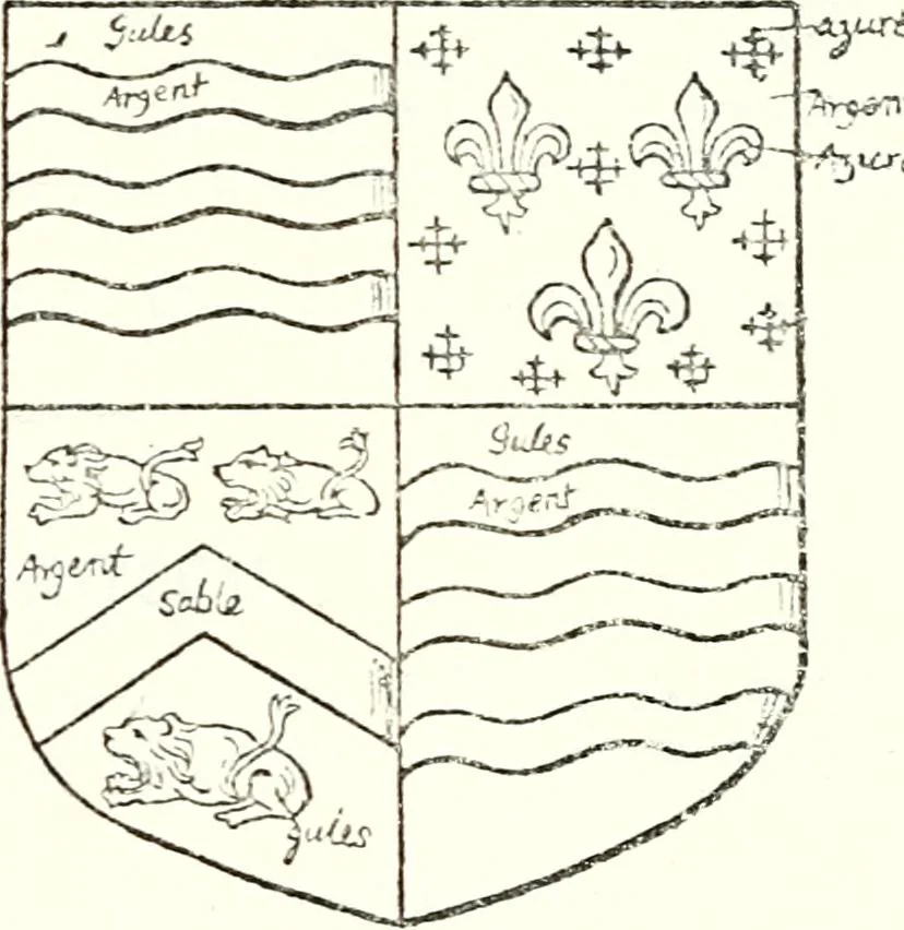 An illustration from The four visitations of Berkshire made and taken by Thomas Benolte, Clarnceuc, anno 1532; by William Harvey, Clarnceux, anno 1566; by Henry Chiting, Chester herald, and John Philipott, Rouge dragon, for William Camden, Clarenceux, anno 1623; and by Elias Ashmole, Windsor herald, for Sir Edward Bysshe, Clarenceux, anno 1665-66, 1907, leaf 243