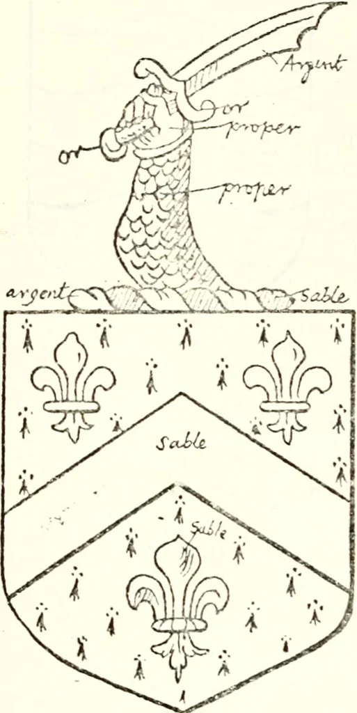 An illustration from The four visitations of Berkshire made and taken by Thomas Benolte, Clarnceuc, anno 1532; by William Harvey, Clarnceux, anno 1566; by Henry Chiting, Chester herald, and John Philipott, Rouge dragon, for William Camden, Clarenceux, anno 1623; and by Elias Ashmole, Windsor herald, for Sir Edward Bysshe, Clarenceux, anno 1665-66, 1907, leaf 253