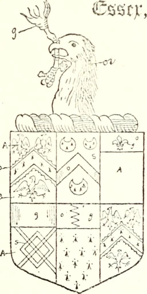 An illustration from The four visitations of Berkshire made and taken by Thomas Benolte, Clarnceuc, anno 1532; by William Harvey, Clarnceux, anno 1566; by Henry Chiting, Chester herald, and John Philipott, Rouge dragon, for William Camden, Clarenceux, anno 1623; and by Elias Ashmole, Windsor herald, for Sir Edward Bysshe, Clarenceux, anno 1665-66, 1907, leaf 279