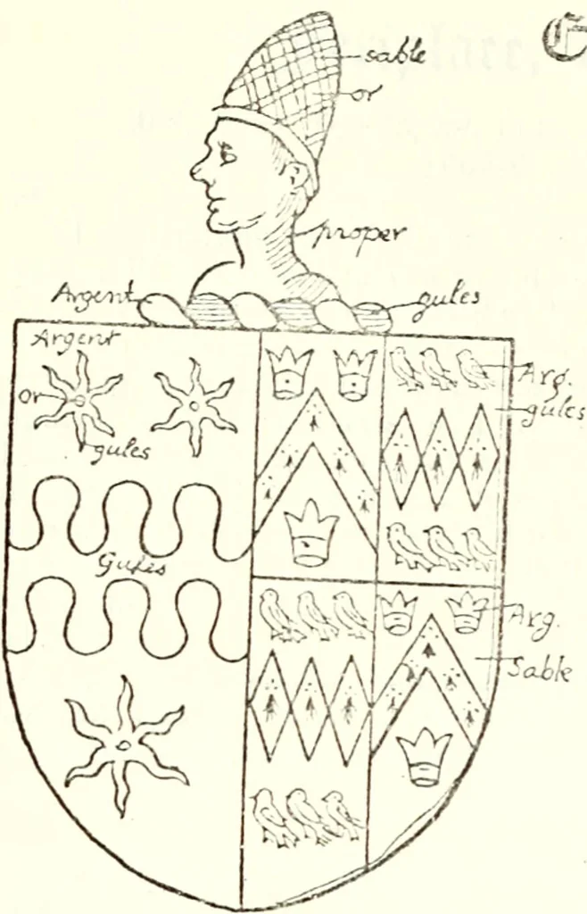 An illustration from The four visitations of Berkshire made and taken by Thomas Benolte, Clarnceuc, anno 1532; by William Harvey, Clarnceux, anno 1566; by Henry Chiting, Chester herald, and John Philipott, Rouge dragon, for William Camden, Clarenceux, anno 1623; and by Elias Ashmole, Windsor herald, for Sir Edward Bysshe, Clarenceux, anno 1665-66, 1907, leaf 283