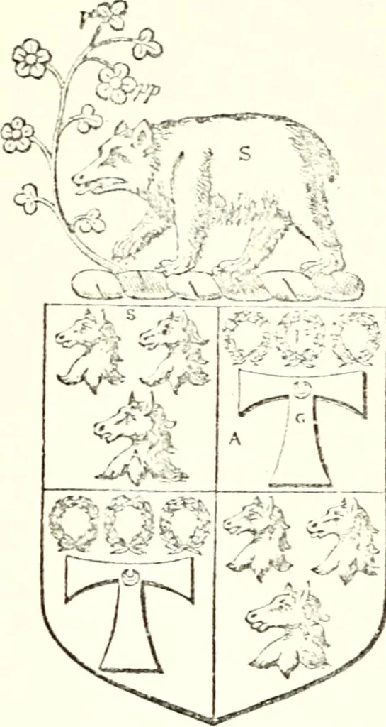 An illustration from The four visitations of Berkshire made and taken by Thomas Benolte, Clarnceuc, anno 1532; by William Harvey, Clarnceux, anno 1566; by Henry Chiting, Chester herald, and John Philipott, Rouge dragon, for William Camden, Clarenceux, anno 1623; and by Elias Ashmole, Windsor herald, for Sir Edward Bysshe, Clarenceux, anno 1665-66, 1907, leaf 299