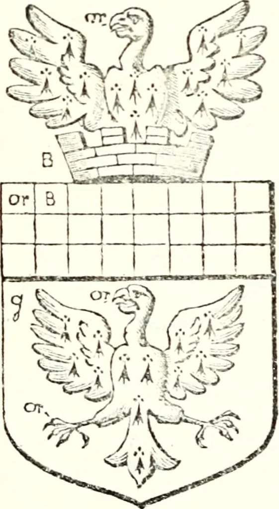 An illustration from The four visitations of Berkshire made and taken by Thomas Benolte, Clarnceuc, anno 1532; by William Harvey, Clarnceux, anno 1566; by Henry Chiting, Chester herald, and John Philipott, Rouge dragon, for William Camden, Clarenceux, anno 1623; and by Elias Ashmole, Windsor herald, for Sir Edward Bysshe, Clarenceux, anno 1665-66, 1907, leaf 301