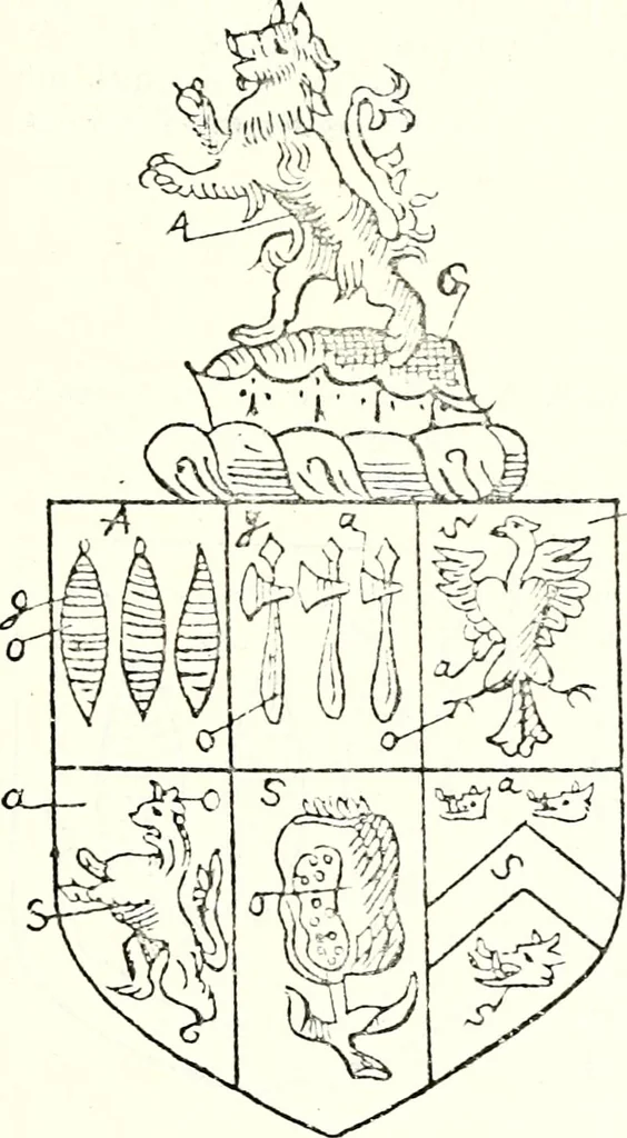 An illustration from The four visitations of Berkshire made and taken by Thomas Benolte, Clarnceuc, anno 1532; by William Harvey, Clarnceux, anno 1566; by Henry Chiting, Chester herald, and John Philipott, Rouge dragon, for William Camden, Clarenceux, anno 1623; and by Elias Ashmole, Windsor herald, for Sir Edward Bysshe, Clarenceux, anno 1665-66, 1907, leaf 329
