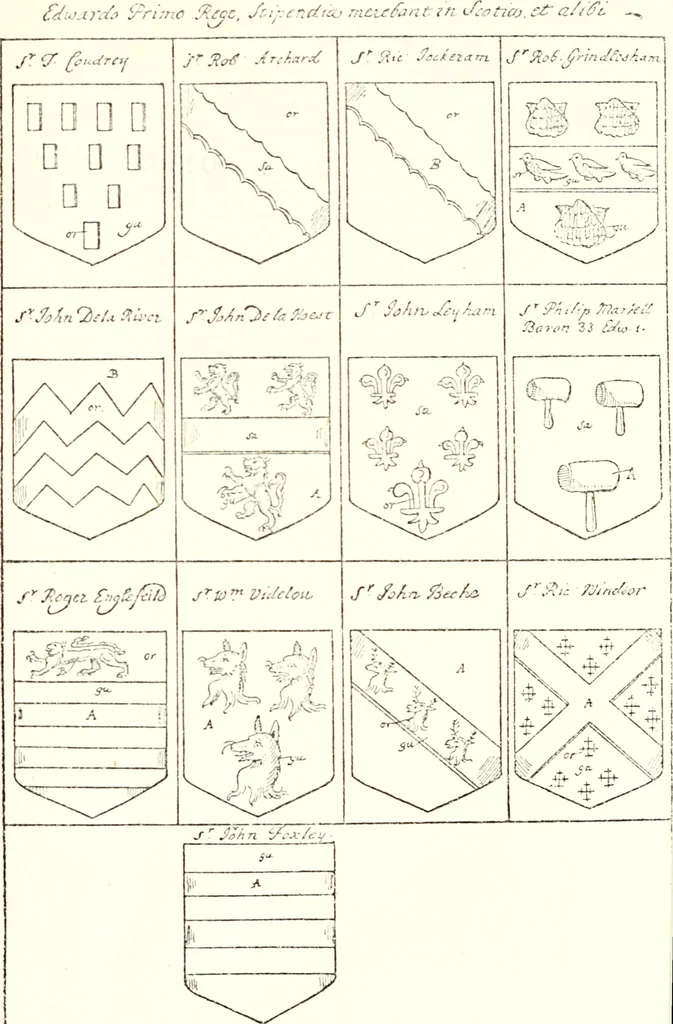 An illustration from The four visitations of Berkshire made and taken by Thomas Benolte, Clarnceuc, anno 1532; by William Harvey, Clarnceux, anno 1566; by Henry Chiting, Chester herald, and John Philipott, Rouge dragon, for William Camden, Clarenceux, anno 1623; and by Elias Ashmole, Windsor herald, for Sir Edward Bysshe, Clarenceux, anno 1665-66, 1907, leaf 33