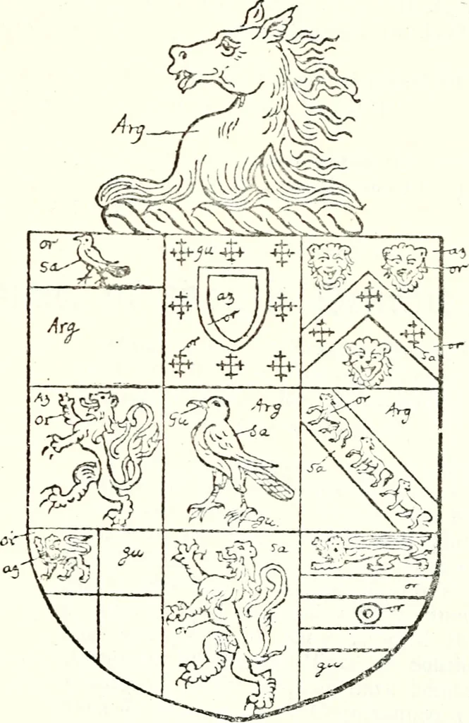 An illustration from The four visitations of Berkshire made and taken by Thomas Benolte, Clarnceuc, anno 1532; by William Harvey, Clarnceux, anno 1566; by Henry Chiting, Chester herald, and John Philipott, Rouge dragon, for William Camden, Clarenceux, anno 1623; and by Elias Ashmole, Windsor herald, for Sir Edward Bysshe, Clarenceux, anno 1665-66, 1907, leaf 341