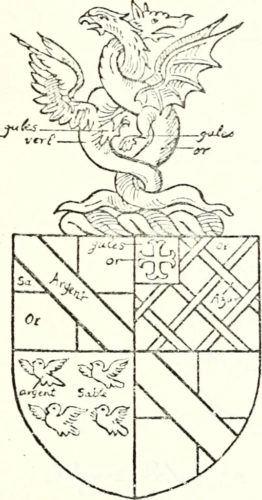 An illustration from The four visitations of Berkshire made and taken by Thomas Benolte, Clarnceuc, anno 1532; by William Harvey, Clarnceux, anno 1566; by Henry Chiting, Chester herald, and John Philipott, Rouge dragon, for William Camden, Clarenceux, anno 1623; and by Elias Ashmole, Windsor herald, for Sir Edward Bysshe, Clarenceux, anno 1665-66, 1907, leaf 365