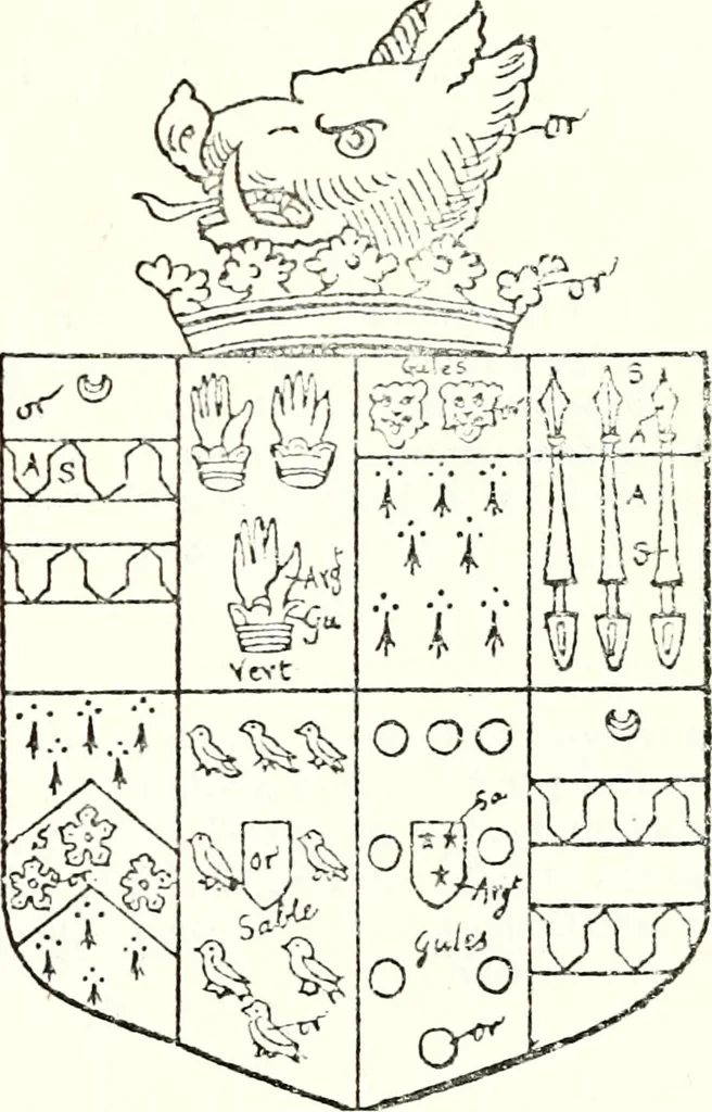 An illustration from The four visitations of Berkshire made and taken by Thomas Benolte, Clarnceuc, anno 1532; by William Harvey, Clarnceux, anno 1566; by Henry Chiting, Chester herald, and John Philipott, Rouge dragon, for William Camden, Clarenceux, anno 1623; and by Elias Ashmole, Windsor herald, for Sir Edward Bysshe, Clarenceux, anno 1665-66, 1907, leaf 377