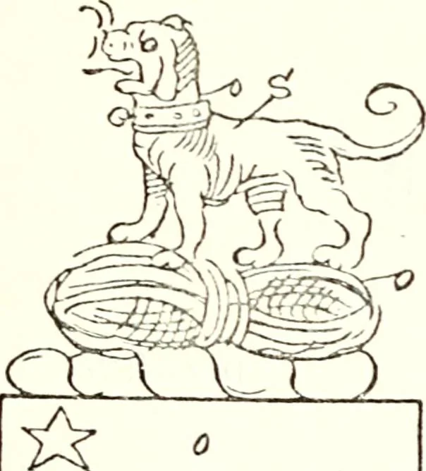 An illustration from The four visitations of Berkshire made and taken by Thomas Benolte, Clarnceuc, anno 1532; by William Harvey, Clarnceux, anno 1566; by Henry Chiting, Chester herald, and John Philipott, Rouge dragon, for William Camden, Clarenceux, anno 1623; and by Elias Ashmole, Windsor herald, for Sir Edward Bysshe, Clarenceux, anno 1665-66, 1907, leaf 383