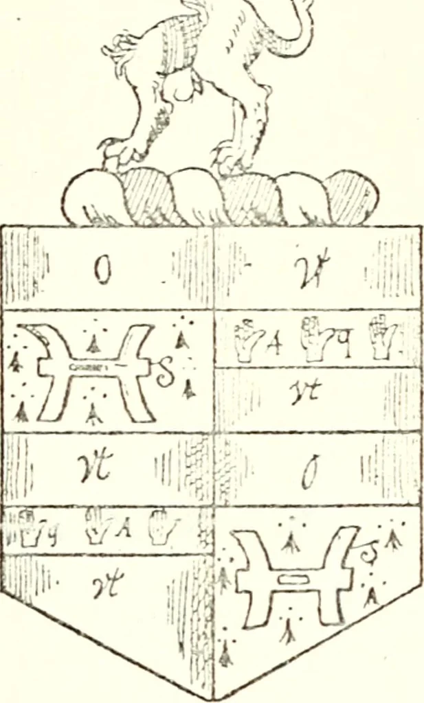 An illustration from The four visitations of Berkshire made and taken by Thomas Benolte, Clarnceuc, anno 1532; by William Harvey, Clarnceux, anno 1566; by Henry Chiting, Chester herald, and John Philipott, Rouge dragon, for William Camden, Clarenceux, anno 1623; and by Elias Ashmole, Windsor herald, for Sir Edward Bysshe, Clarenceux, anno 1665-66, 1907, leaf 389