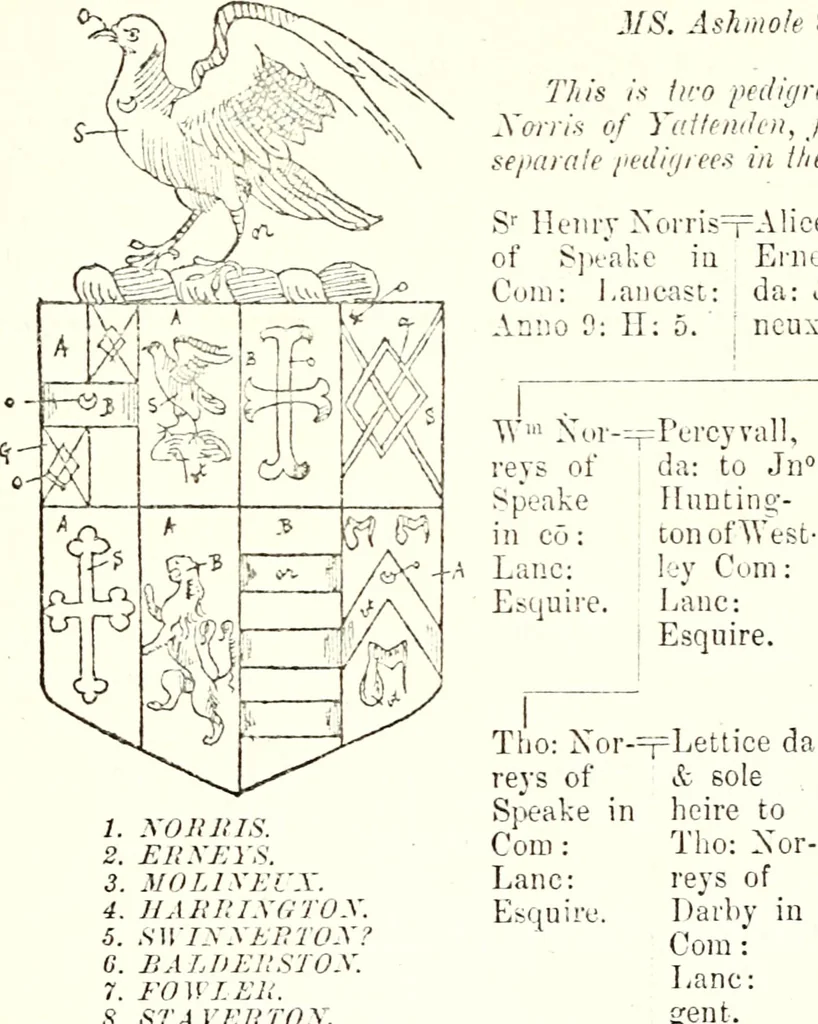 An illustration from The four visitations of Berkshire made and taken by Thomas Benolte, Clarnceuc, anno 1532; by William Harvey, Clarnceux, anno 1566; by Henry Chiting, Chester herald, and John Philipott, Rouge dragon, for William Camden, Clarenceux, anno 1623; and by Elias Ashmole, Windsor herald, for Sir Edward Bysshe, Clarenceux, anno 1665-66, 1907, leaf 397
