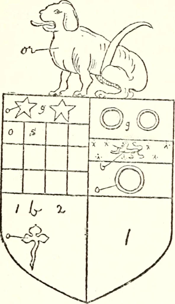 An illustration from The four visitations of Berkshire made and taken by Thomas Benolte, Clarnceuc, anno 1532; by William Harvey, Clarnceux, anno 1566; by Henry Chiting, Chester herald, and John Philipott, Rouge dragon, for William Camden, Clarenceux, anno 1623; and by Elias Ashmole, Windsor herald, for Sir Edward Bysshe, Clarenceux, anno 1665-66, 1907, leaf 405