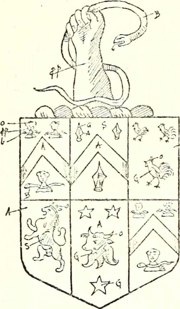 An illustration from The four visitations of Berkshire made and taken by Thomas Benolte, Clarnceuc, anno 1532; by William Harvey, Clarnceux, anno 1566; by Henry Chiting, Chester herald, and John Philipott, Rouge dragon, for William Camden, Clarenceux, anno 1623; and by Elias Ashmole, Windsor herald, for Sir Edward Bysshe, Clarenceux, anno 1665-66, 1907, leaf 411