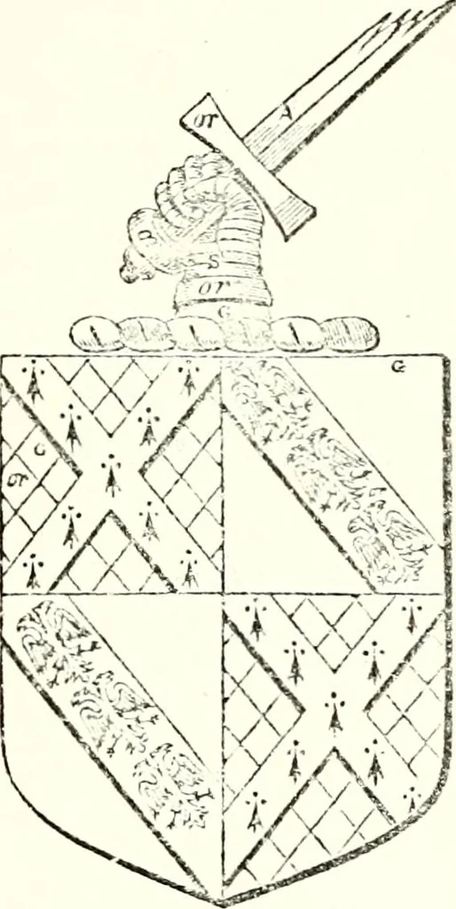 An illustration from The four visitations of Berkshire made and taken by Thomas Benolte, Clarnceuc, anno 1532; by William Harvey, Clarnceux, anno 1566; by Henry Chiting, Chester herald, and John Philipott, Rouge dragon, for William Camden, Clarenceux, anno 1623; and by Elias Ashmole, Windsor herald, for Sir Edward Bysshe, Clarenceux, anno 1665-66, 1907, leaf 415