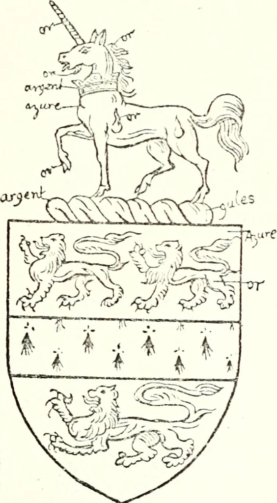 An illustration from The four visitations of Berkshire made and taken by Thomas Benolte, Clarnceuc, anno 1532; by William Harvey, Clarnceux, anno 1566; by Henry Chiting, Chester herald, and John Philipott, Rouge dragon, for William Camden, Clarenceux, anno 1623; and by Elias Ashmole, Windsor herald, for Sir Edward Bysshe, Clarenceux, anno 1665-66, 1907, leaf 425