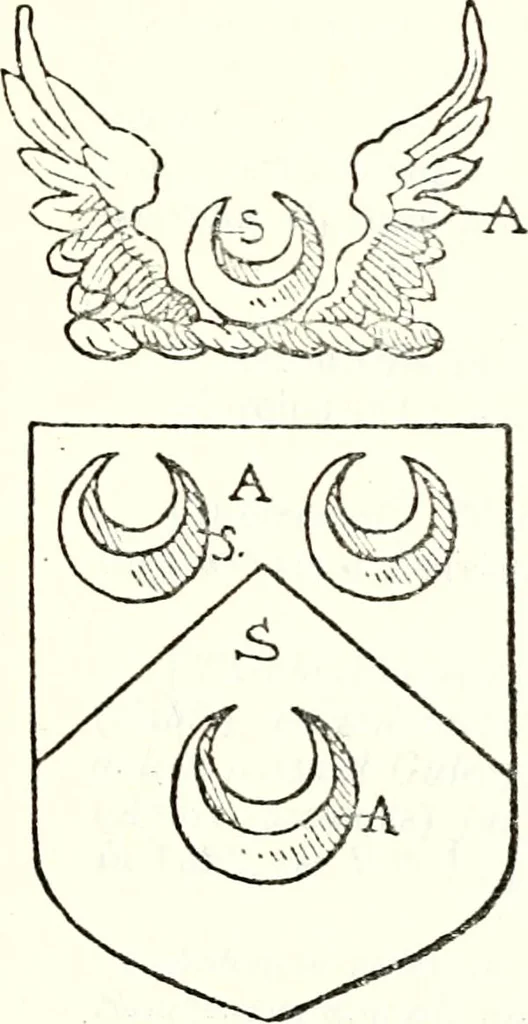 An illustration from The four visitations of Berkshire made and taken by Thomas Benolte, Clarnceuc, anno 1532; by William Harvey, Clarnceux, anno 1566; by Henry Chiting, Chester herald, and John Philipott, Rouge dragon, for William Camden, Clarenceux, anno 1623; and by Elias Ashmole, Windsor herald, for Sir Edward Bysshe, Clarenceux, anno 1665-66, 1907, leaf 439