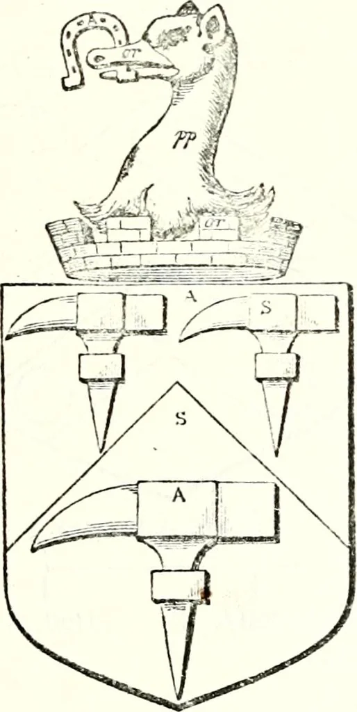 An illustration from The four visitations of Berkshire made and taken by Thomas Benolte, Clarnceuc, anno 1532; by William Harvey, Clarnceux, anno 1566; by Henry Chiting, Chester herald, and John Philipott, Rouge dragon, for William Camden, Clarenceux, anno 1623; and by Elias Ashmole, Windsor herald, for Sir Edward Bysshe, Clarenceux, anno 1665-66, 1907, leaf 445