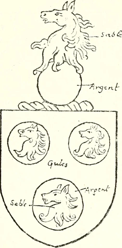 An illustration from The four visitations of Berkshire made and taken by Thomas Benolte, Clarnceuc, anno 1532; by William Harvey, Clarnceux, anno 1566; by Henry Chiting, Chester herald, and John Philipott, Rouge dragon, for William Camden, Clarenceux, anno 1623; and by Elias Ashmole, Windsor herald, for Sir Edward Bysshe, Clarenceux, anno 1665-66, 1907, leaf 457