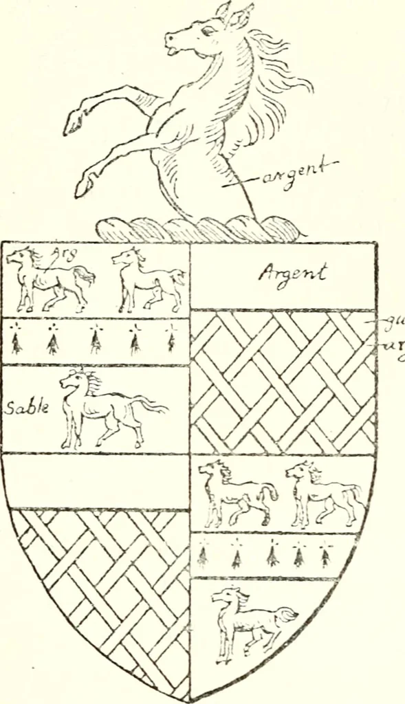 An illustration from The four visitations of Berkshire made and taken by Thomas Benolte, Clarnceuc, anno 1532; by William Harvey, Clarnceux, anno 1566; by Henry Chiting, Chester herald, and John Philipott, Rouge dragon, for William Camden, Clarenceux, anno 1623; and by Elias Ashmole, Windsor herald, for Sir Edward Bysshe, Clarenceux, anno 1665-66, 1907, leaf 461