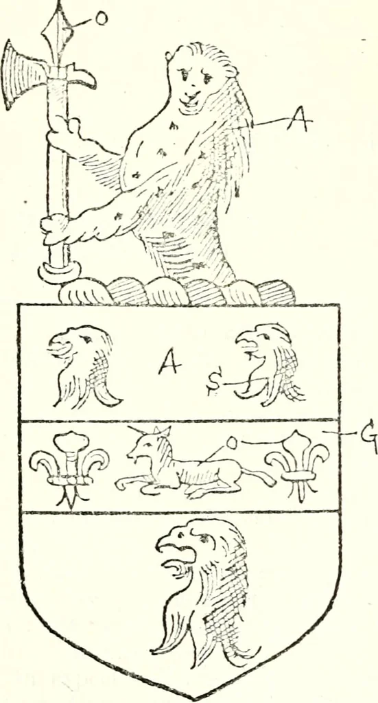 An illustration from The four visitations of Berkshire made and taken by Thomas Benolte, Clarnceuc, anno 1532; by William Harvey, Clarnceux, anno 1566; by Henry Chiting, Chester herald, and John Philipott, Rouge dragon, for William Camden, Clarenceux, anno 1623; and by Elias Ashmole, Windsor herald, for Sir Edward Bysshe, Clarenceux, anno 1665-66, 1907, leaf 489