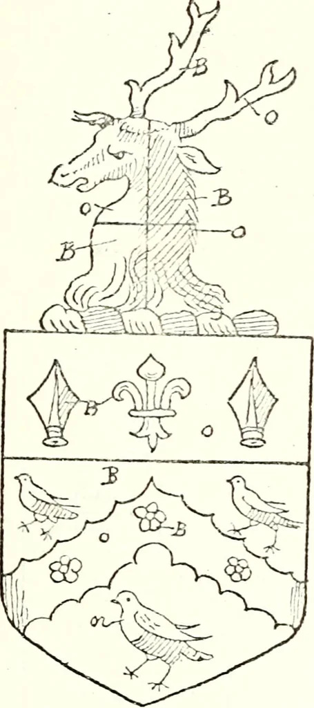 An illustration from The four visitations of Berkshire made and taken by Thomas Benolte, Clarnceuc, anno 1532; by William Harvey, Clarnceux, anno 1566; by Henry Chiting, Chester herald, and John Philipott, Rouge dragon, for William Camden, Clarenceux, anno 1623; and by Elias Ashmole, Windsor herald, for Sir Edward Bysshe, Clarenceux, anno 1665-66, 1907, leaf 495