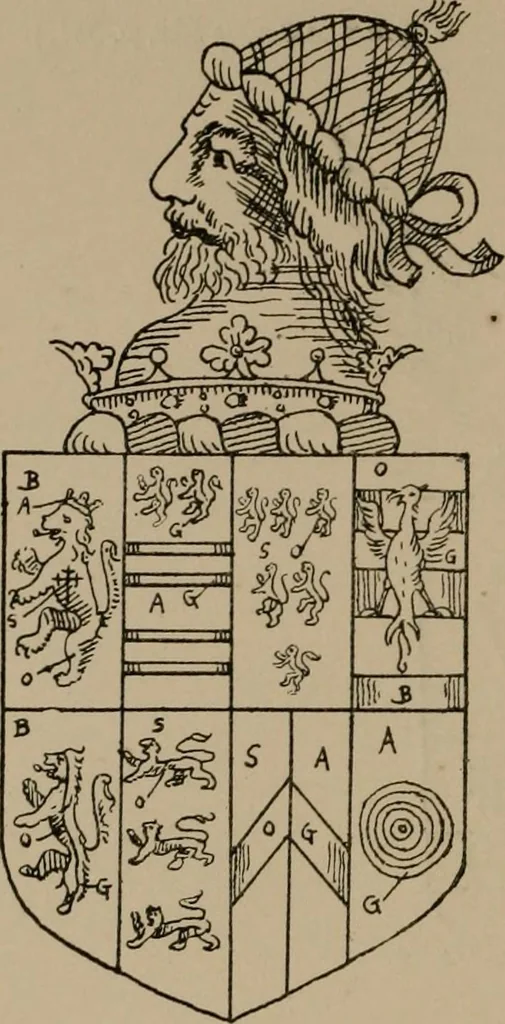 An illustration from The four visitations of Berkshire made and taken by Thomas Benolte, Clarnceuc, anno 1532; by William Harvey, Clarnceux, anno 1566; by Henry Chiting, Chester herald, and John Philipott, Rouge dragon, for William Camden, Clarenceux, anno 1623; and by Elias Ashmole, Windsor herald, for Sir Edward Bysshe, Clarenceux, anno 1665-66, 1907, leaf 104