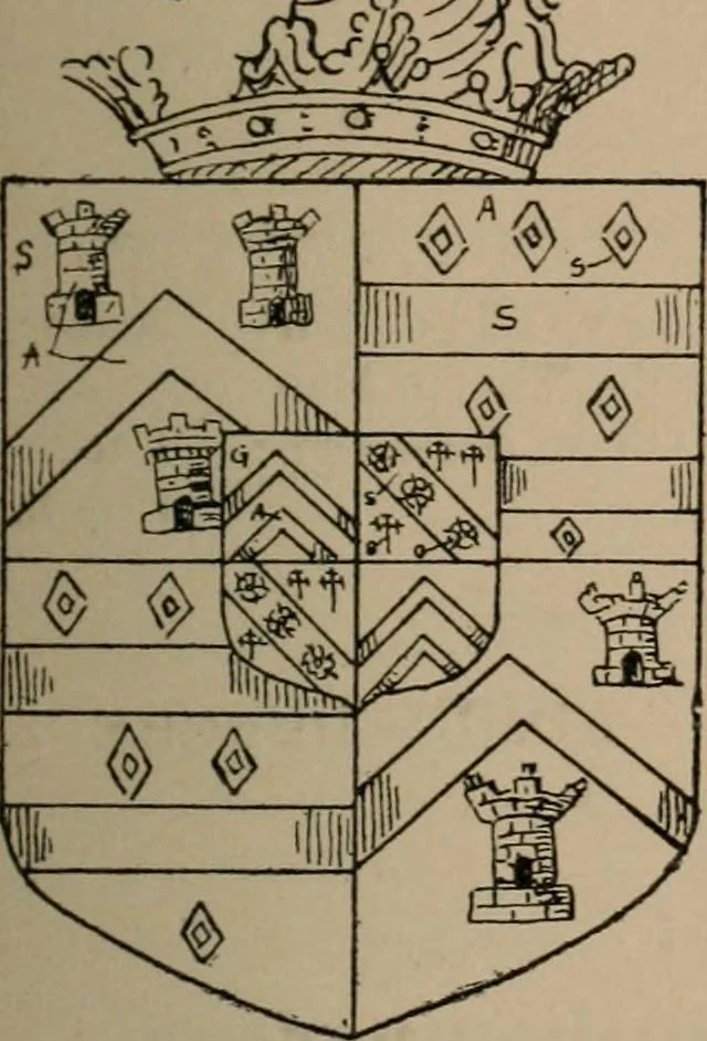 An illustration from The four visitations of Berkshire made and taken by Thomas Benolte, Clarnceuc, anno 1532; by William Harvey, Clarnceux, anno 1566; by Henry Chiting, Chester herald, and John Philipott, Rouge dragon, for William Camden, Clarenceux, anno 1623; and by Elias Ashmole, Windsor herald, for Sir Edward Bysshe, Clarenceux, anno 1665-66, 1907, leaf 109