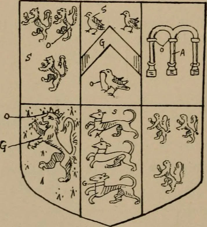 An illustration from The four visitations of Berkshire made and taken by Thomas Benolte, Clarnceuc, anno 1532; by William Harvey, Clarnceux, anno 1566; by Henry Chiting, Chester herald, and John Philipott, Rouge dragon, for William Camden, Clarenceux, anno 1623; and by Elias Ashmole, Windsor herald, for Sir Edward Bysshe, Clarenceux, anno 1665-66, 1907, leaf 110