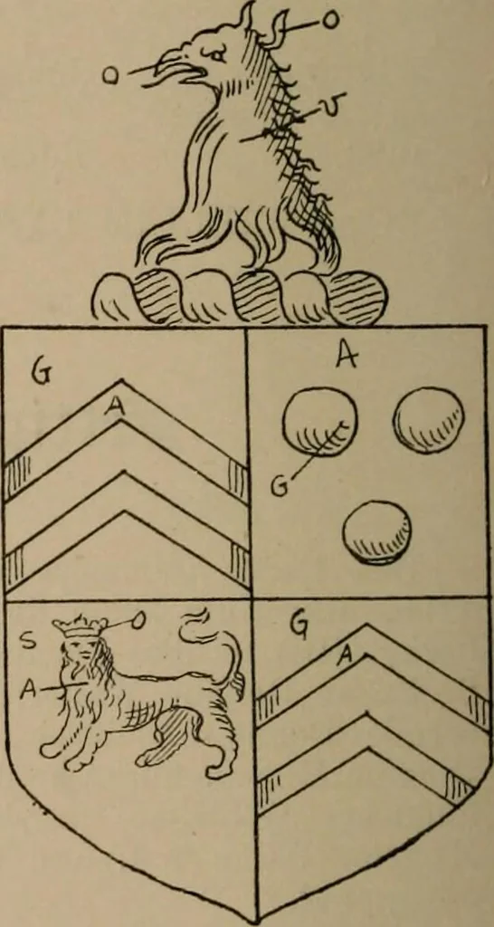 An illustration from The four visitations of Berkshire made and taken by Thomas Benolte, Clarnceuc, anno 1532; by William Harvey, Clarnceux, anno 1566; by Henry Chiting, Chester herald, and John Philipott, Rouge dragon, for William Camden, Clarenceux, anno 1623; and by Elias Ashmole, Windsor herald, for Sir Edward Bysshe, Clarenceux, anno 1665-66, 1907, leaf 112