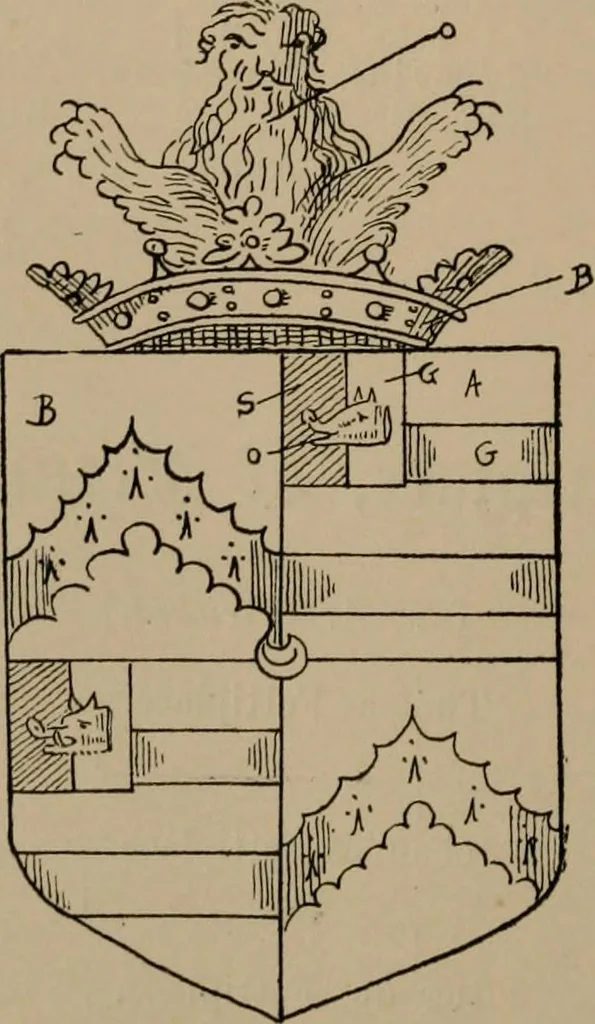 An illustration from The four visitations of Berkshire made and taken by Thomas Benolte, Clarnceuc, anno 1532; by William Harvey, Clarnceux, anno 1566; by Henry Chiting, Chester herald, and John Philipott, Rouge dragon, for William Camden, Clarenceux, anno 1623; and by Elias Ashmole, Windsor herald, for Sir Edward Bysshe, Clarenceux, anno 1665-66, 1907, leaf 114