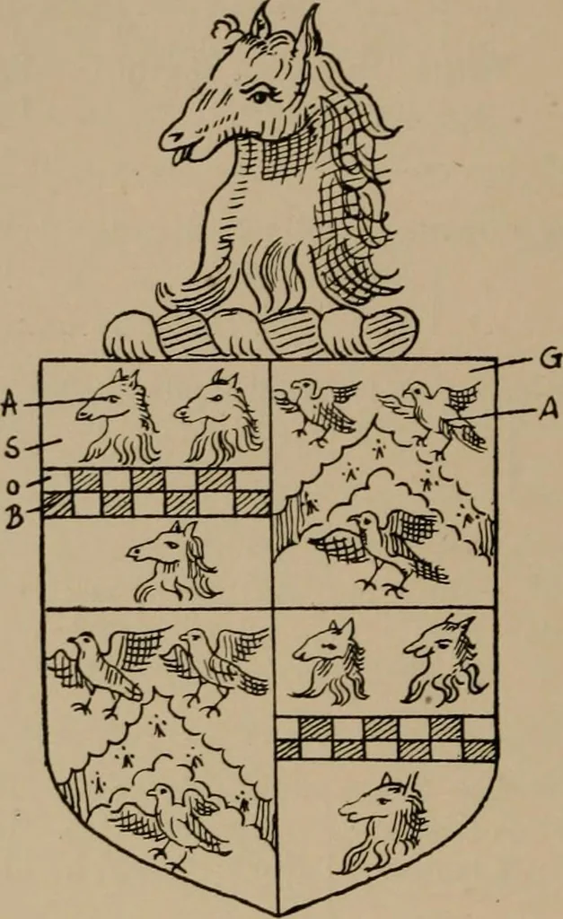 An illustration from The four visitations of Berkshire made and taken by Thomas Benolte, Clarnceuc, anno 1532; by William Harvey, Clarnceux, anno 1566; by Henry Chiting, Chester herald, and John Philipott, Rouge dragon, for William Camden, Clarenceux, anno 1623; and by Elias Ashmole, Windsor herald, for Sir Edward Bysshe, Clarenceux, anno 1665-66, 1907, leaf 118