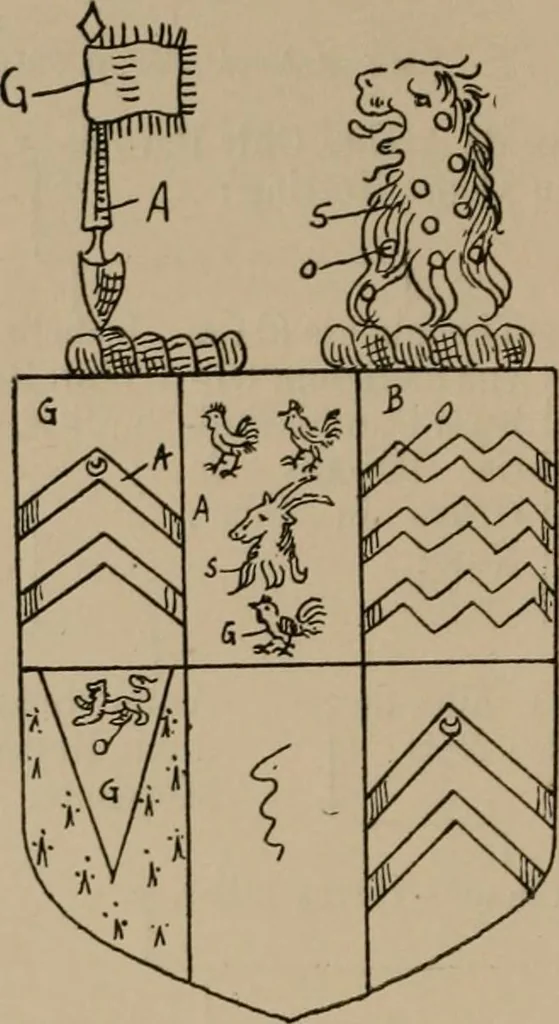 An illustration from The four visitations of Berkshire made and taken by Thomas Benolte, Clarnceuc, anno 1532; by William Harvey, Clarnceux, anno 1566; by Henry Chiting, Chester herald, and John Philipott, Rouge dragon, for William Camden, Clarenceux, anno 1623; and by Elias Ashmole, Windsor herald, for Sir Edward Bysshe, Clarenceux, anno 1665-66, 1907, leaf 120