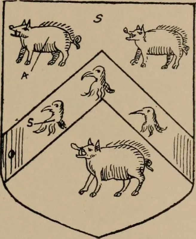 An illustration from The four visitations of Berkshire made and taken by Thomas Benolte, Clarnceuc, anno 1532; by William Harvey, Clarnceux, anno 1566; by Henry Chiting, Chester herald, and John Philipott, Rouge dragon, for William Camden, Clarenceux, anno 1623; and by Elias Ashmole, Windsor herald, for Sir Edward Bysshe, Clarenceux, anno 1665-66, 1907, leaf 123
