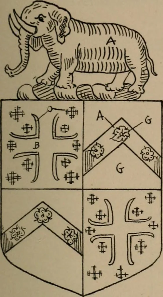 An illustration from The four visitations of Berkshire made and taken by Thomas Benolte, Clarnceuc, anno 1532; by William Harvey, Clarnceux, anno 1566; by Henry Chiting, Chester herald, and John Philipott, Rouge dragon, for William Camden, Clarenceux, anno 1623; and by Elias Ashmole, Windsor herald, for Sir Edward Bysshe, Clarenceux, anno 1665-66, 1907, leaf 125