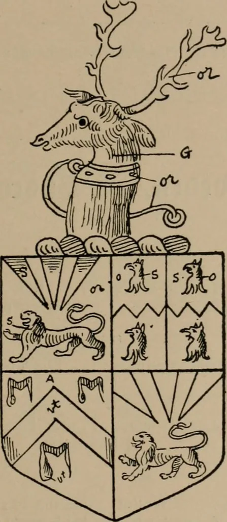 An illustration from The four visitations of Berkshire made and taken by Thomas Benolte, Clarnceuc, anno 1532; by William Harvey, Clarnceux, anno 1566; by Henry Chiting, Chester herald, and John Philipott, Rouge dragon, for William Camden, Clarenceux, anno 1623; and by Elias Ashmole, Windsor herald, for Sir Edward Bysshe, Clarenceux, anno 1665-66, 1907, leaf 129