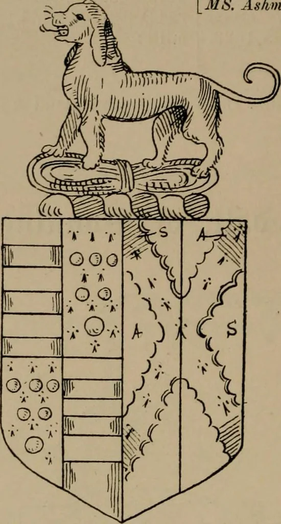 An illustration from The four visitations of Berkshire made and taken by Thomas Benolte, Clarnceuc, anno 1532; by William Harvey, Clarnceux, anno 1566; by Henry Chiting, Chester herald, and John Philipott, Rouge dragon, for William Camden, Clarenceux, anno 1623; and by Elias Ashmole, Windsor herald, for Sir Edward Bysshe, Clarenceux, anno 1665-66, 1907, leaf 132