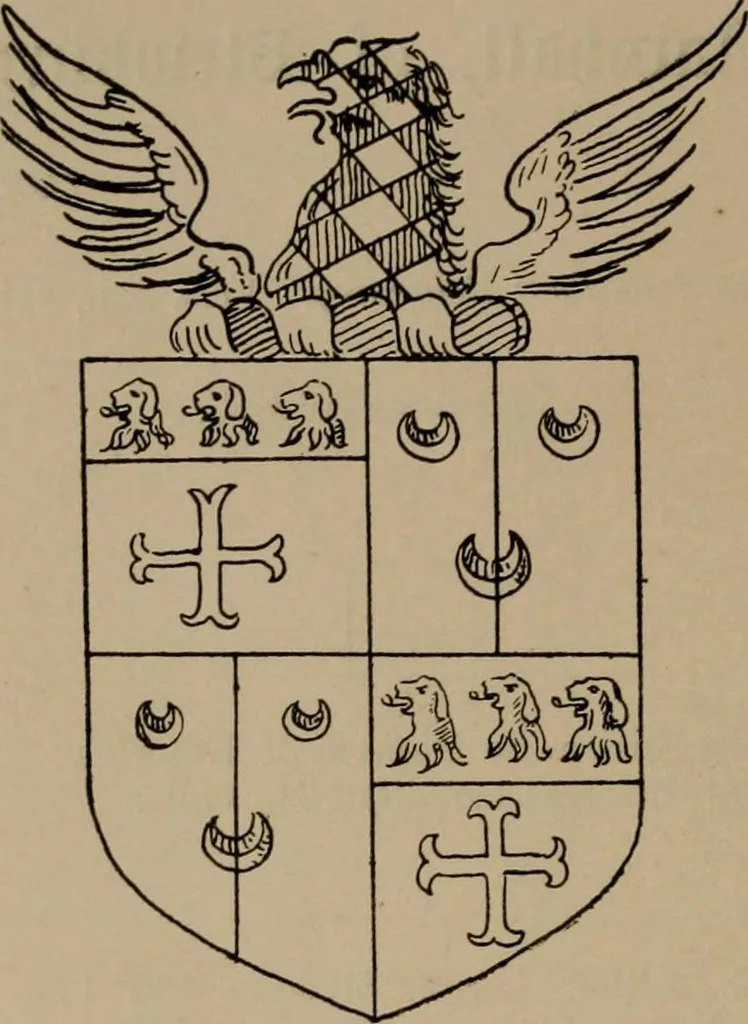 An illustration from The four visitations of Berkshire made and taken by Thomas Benolte, Clarnceuc, anno 1532; by William Harvey, Clarnceux, anno 1566; by Henry Chiting, Chester herald, and John Philipott, Rouge dragon, for William Camden, Clarenceux, anno 1623; and by Elias Ashmole, Windsor herald, for Sir Edward Bysshe, Clarenceux, anno 1665-66, 1907, leaf 134
